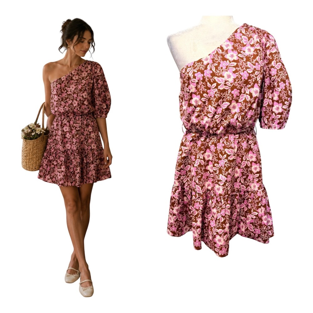 Jason Wu‎ Dress Mini Womens L Floral One Shoulder Puff Sleeve Tiered Feminine